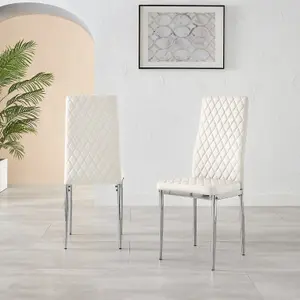 Set of 4 Milan White High Back Soft Touch Diamond Pattern Faux Leather Chromed Metal Leg Dining Chairs