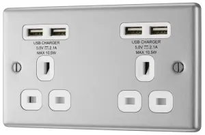 GoodHome Brushed Steel Double 13A Raised rounded Unswitched Screwed Socket with USB, x4 & White inserts