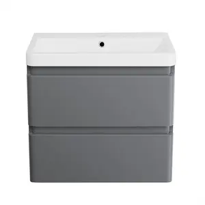 SunDaze 600mm Wall Hung 2 Drawer Vanity Unit Basin Storage Bathroom Furniture Gloss Grey