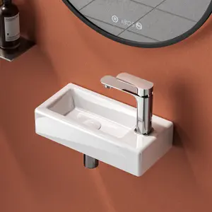 EMKE Ceramic Wash Basin for Small Cloakroom Bathroom, Rectangular Wash Basin Sink, Wall-Mounted Basin, 36.5x18x9cm