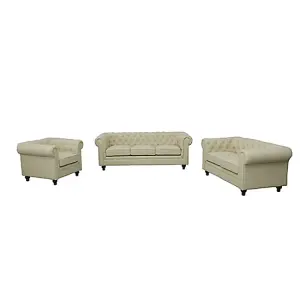 Hertford Chesterfield Faux Leather 3+2+1 Sofa Set In Ivory