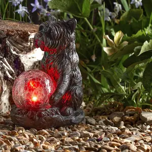 Solar Powered Mystic Dog Garden Ornament - Hand Painted Sculpture with Light Up LED Crackle Glass Ball - H19.5 x W10 x D15.5cm