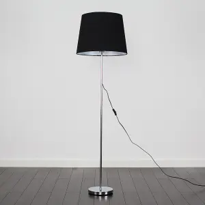 ValueLights Modern Polished Chrome Metal Standard Floor Lamp With Black Tapered Shade - Includes 6w LED Bulb 3000K Warm White