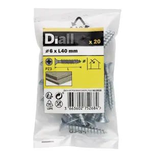 Diall Double-countersunk Zinc-plated Carbon steel Screw (Dia)6mm (L)40mm, Pack of 20