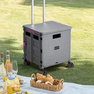 Outdoor Grey Collapsible Rolling Protable Crate with Magnetic Lid and Adjustable Handle