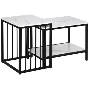 HOMCOM Modern Coffee Table Set of Two w/ Steel Frame Marble-Effect White