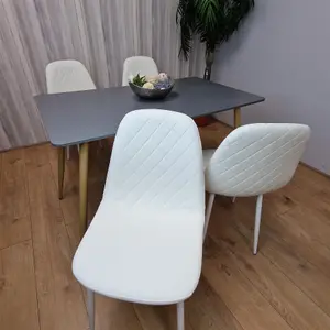 Dining Table Set of 4 Wooden Grey Table with 4 White Gem Patterend Chairs