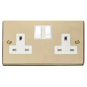 Polished Brass 2 Gang 13A Twin Double Switched Plug Socket - White Trim - SE Home