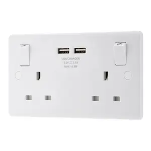 LAP White Double 13A Raised slim Switched Screwed Socket with USB, x2 & White inserts