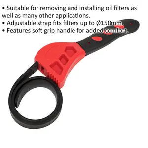 150mm Adjustable Strap Wrench - Soft Grip Handle - Oil Filter Removal Strap