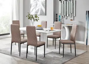 Imperia White High Gloss 6 Seater Dining Table with Structural 2 Plinth Column Legs 6 Beige Faux Leather Black Leg Milan Chairs