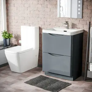 Nes Home Merton 600mm Grey Freestanding Vanity Basin Unit & Rimless Close Coupled Toilet