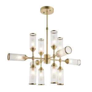 Luminosa Trieste 12 Light Ceiling Pendant Satin Brass Plate With Clear & Frosted Glass