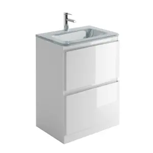 Marvel 600mm Floor Standing Bathroom Vanity Unit in Gloss White with White Glass Basin