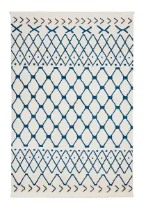 White Blue Shaggy Modern Moroccan Geometric Rug Easy to clean Living Room Bedroom and Dining Room-160cm X 221cm