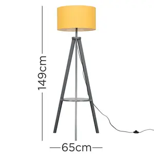 Ismay 149 cm Morrigan Wood Tripod Floor Lamp with Shelf & XL Reni Shade Light Brown / Mustard / Yes