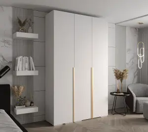 Elegant Inova I Hinged Door Wardrobe H2370mm W1500mm D470mm - Versatile White Finish with Gold Vertical Metal Handles