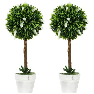 HOMCOM Set of 2 Potted Artificial Plants Ball Tree with Flowers, White