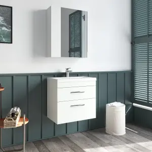 Rio 2 Drawer Wall Hung Vanity Basin Unit - 600mm - Gloss White with Black D Handles (Tap Not Included) - Balterley