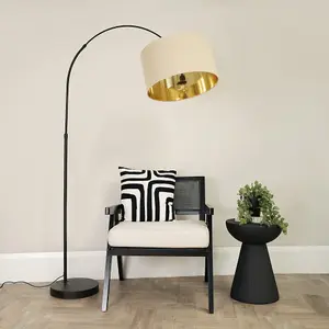 ValueLights Louis Black Arched Curved Floor Lamp with Beige and Gold Inner Shade & LED Bulb