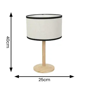 ValueLights Triston Natural Light Wood Stem Table Lamp with Linen Black Trim Drum Lamp Shade and LED Bulb