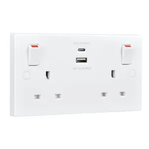 BG White Double 13A Raised square Switched Screwed Socket with USB, x2 & White inserts