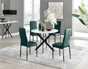 Furniturebox UK Novara White Gloss Black Leg Round Dining Table & 4 Green Velvet Milan Black Leg Chairs