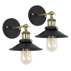 ValueLights Colonial Pair of Industrial Style Black and Antique Brass Wall Lights