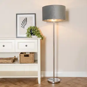 ValueLights Charles Chrome Stem Floor Lamp with Grey Velvet and Chrome Inner Lamp Shade and LED Bulb