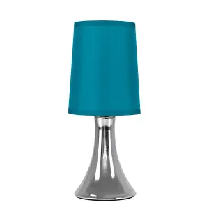 ValueLights Small Modern Chrome Touch Table Lamp With Teal Fabric Shade - Includes 5w LED Dimmable Candle Bulb 3000K Warm White