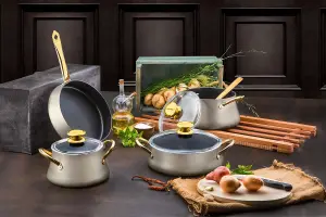 Rozi Dora Collection 7-Piece Non-Stick Granite Cookware Set (Cream Gold)