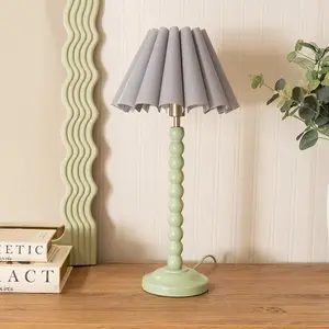 ValueLights Bobbins Sage Green Table Lamp with Grey Scallop Tapered Lamp Shade and LED Bulb