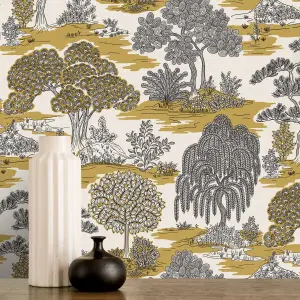 Fine Decor Zen Toile Ochre Wallpaper