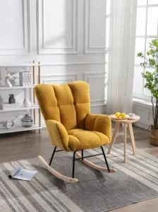 Mid Century Modern Teddy Fabric Tufted Upholstered Rocking Chair Padded Seat For Living Room Bedroom,Yellow