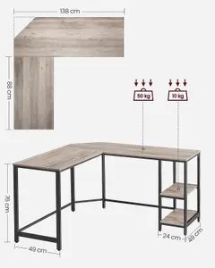 VASAGLE Corner Office Desk, L-Configuration Workstation, Gaming Station, Desk with 2 Shelves for Storage, Greige and Black