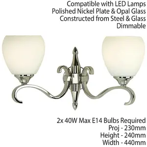 Luxury Traditional Twin Arm Wall Light Bright Nickel Opal Glass Shade Dimmable