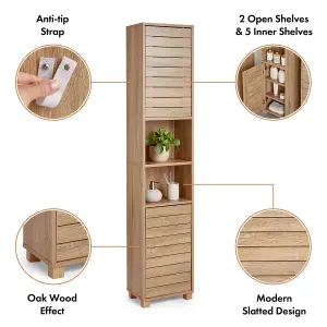 VonHaus Tall Bathroom Cabinet, Oak Wood Effect Bathroom Tallboy Unit, Slatted Bathroom Storage for Kitchen and Hallway, Chester