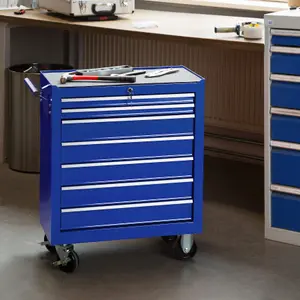 Tool Box - with wheels, 7 drawers, central locking system - blue