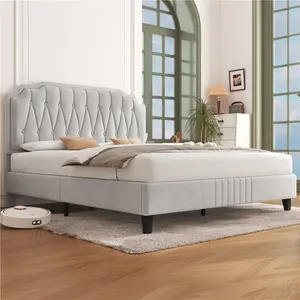 Upholstered Bed Frame with with Button-Tufted Headboard Beige / Double