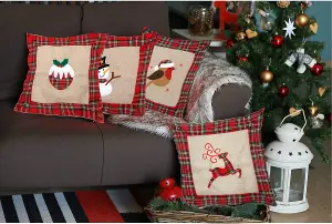 Hessian Home Bedroom Office Decorations Printed Pillow Covers Set of 4 Reindeer Snowman Robin andChristmas Pudding 40x40cm