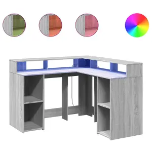 Berkfield Desk with LED Lights Grey Sonoma 130x130x91 cm Engineered Wood