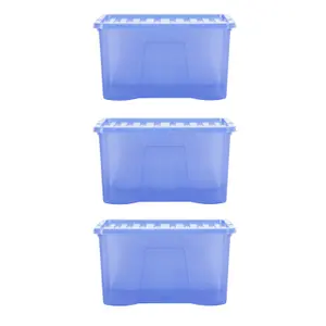 Wham Crystal Sparkle 3x 60L Plastic Storage Boxes with Lids Tint Sparkle Blue. Large Size, Strong (Pack of 3, 60 Litre)