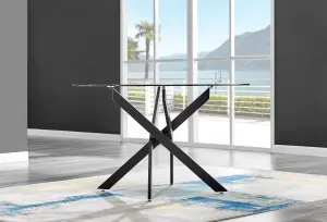 Furniturebox Novara Clear Tempered Glass 120cm Round Dining Table with Black Starburst Legs & 6 Dark Grey Halle Soft Fabric Chairs