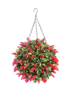 Pair of Best Artificial 28cm Red Lush Lavender Hanging Basket Flower Topiary Ball - Weather & Fade Resistant