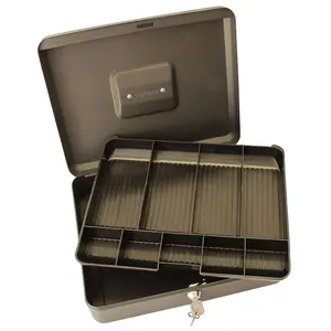 Lockable 12" Steel Cash Box - Money Organiser Safe with Note & Coin Tray, Cylinder Lock & Carry Handle - H9 x W30 x D24cm, Black