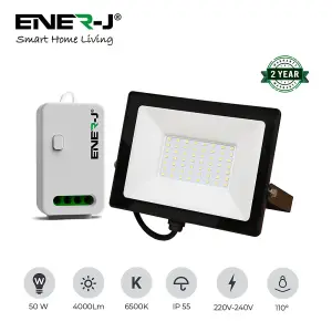 50W LED Floodlight Pre Wired with 500W RF Receiver + 1 Gang Wireless Kinetic Switch (White Body)