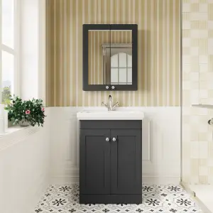 Traditional Floor Standing 2 Door Vanity Unit with 1 Tap Hole Fireclay Basin, 600mm - Soft Black