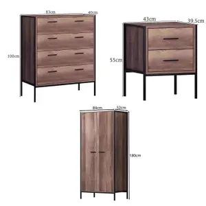 FWStyle 3 Piece Bedroom Furniture Set Oak Effect Black Metal Frame