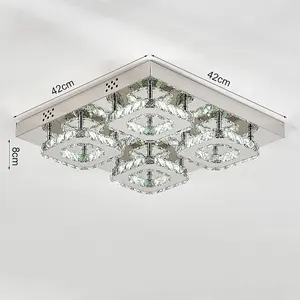 Modern Square Large Chrome effect Crystal Flush LED Ceiling Light Chandelier Cool White