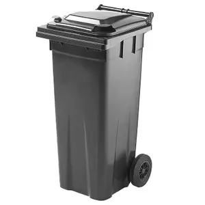 140L Grey Coloured Wheelie Bin Compact Sized Ideal For Small Gardens Complete With Rubber Wheels & Lid